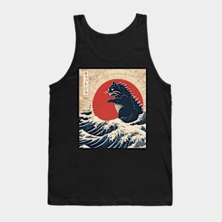 Cat Kaiju Japanese Sunset Vintage Catzilla Great Wave Tank Top